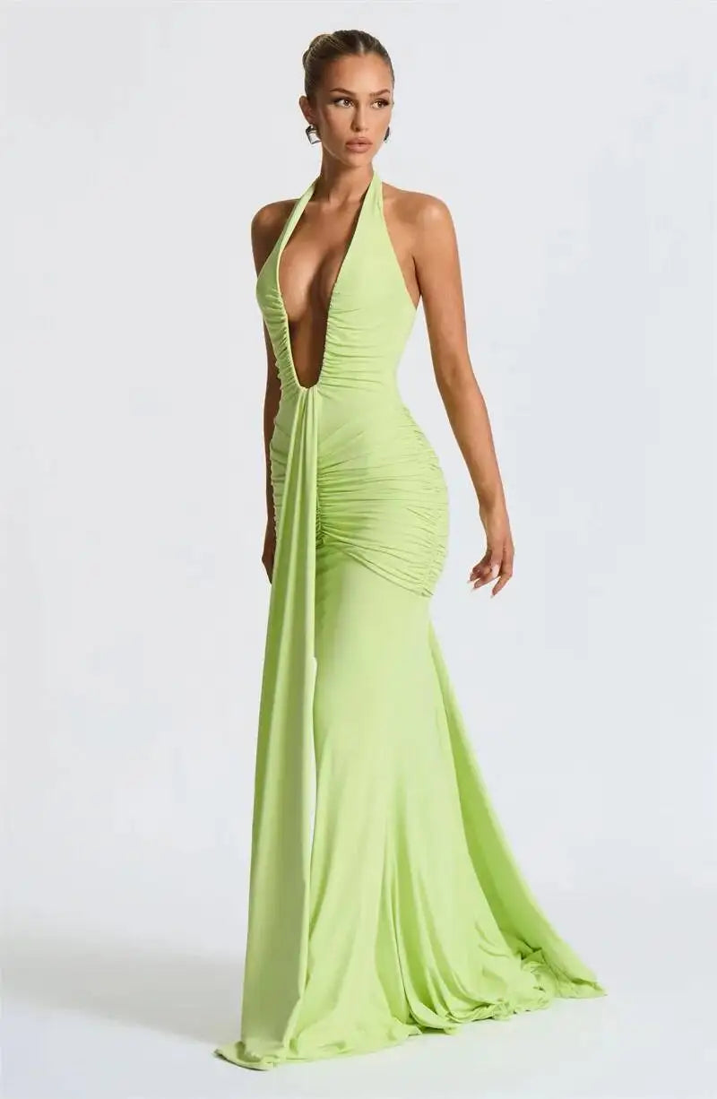Deep V Neck Draped Ruched Sexy Halter Sleeveless Backless Club Party Long Dress