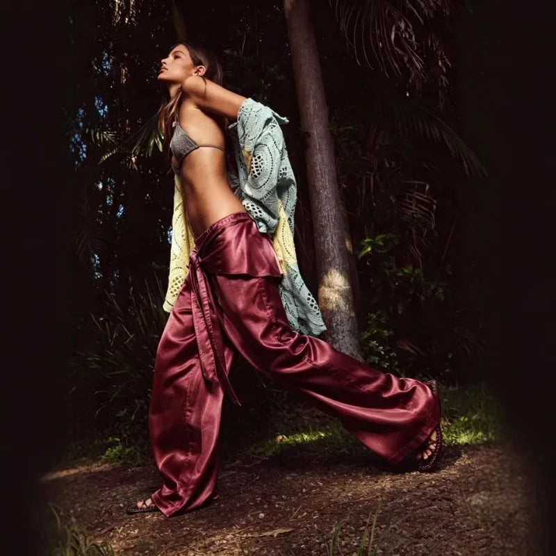 Boca Chica Tie Waist Foil Satin Wide Leg Boho Lazy Casual High Waist Pants