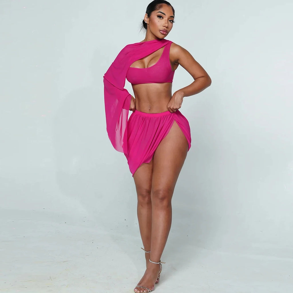 Ferris Lake See Through Midnight Irregular Full Sleeve Crop Matching Set