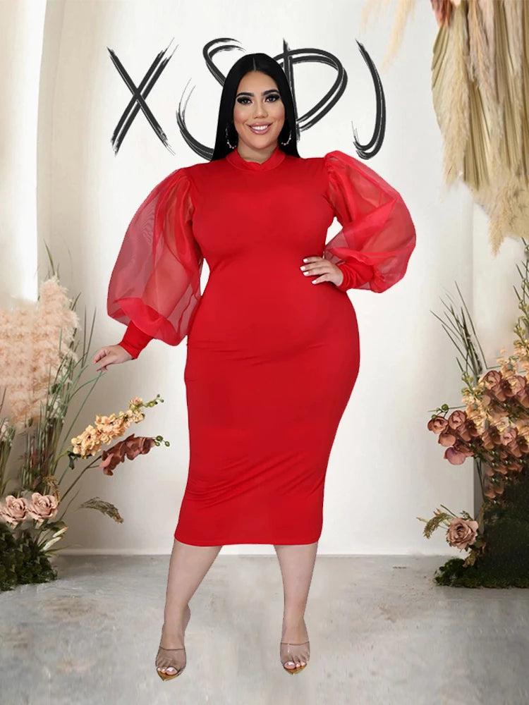 Newton Plus Size Solid Color Spring Mesh Lantern Long Sleeve Dress
