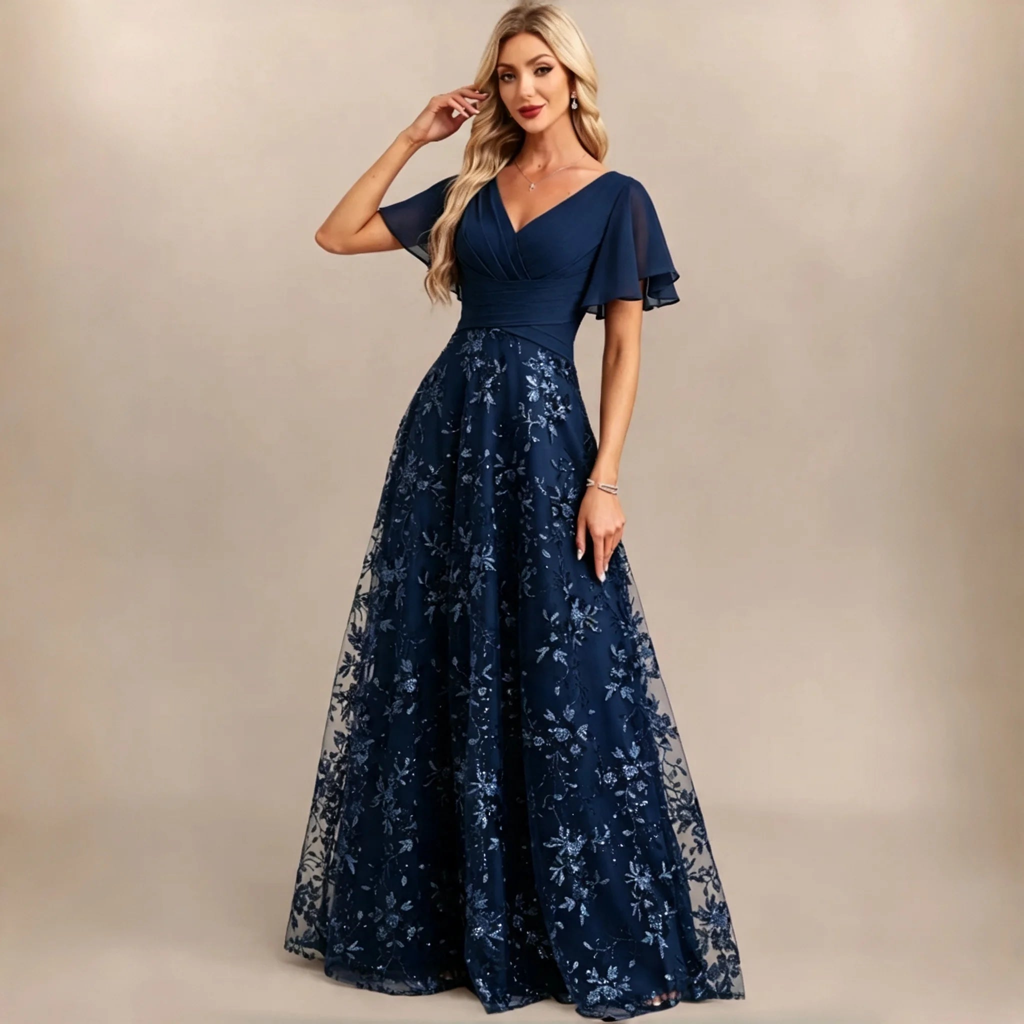 Neiba Dark Green V Neck Chiffon Flutter Sleeve Bridesmaid Ruched Waist Floral Sequin Dress