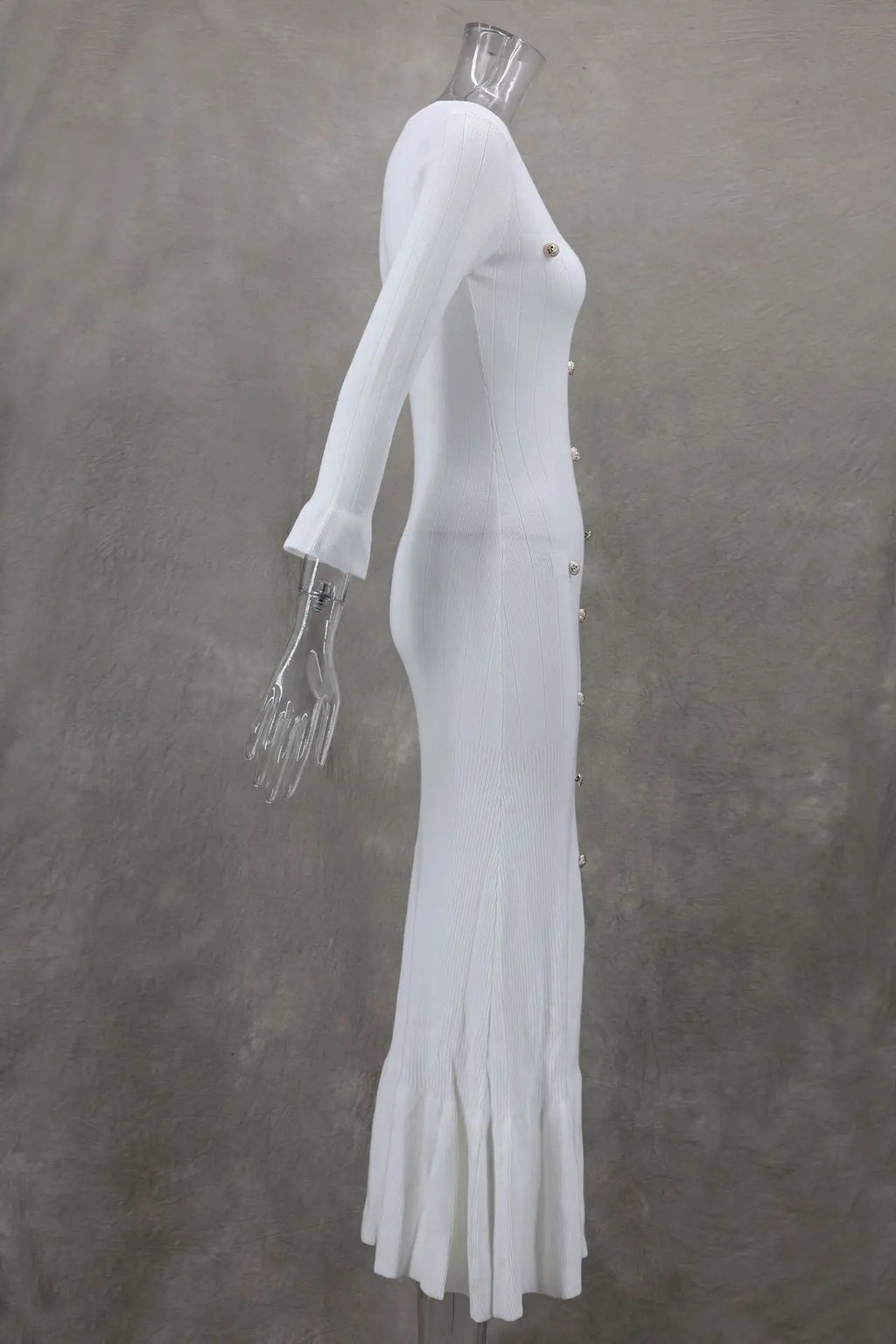 Tennessee Elegant Knitted Fashion V Neck Long Sleeves Slim Buttons Solid Color Long Dress