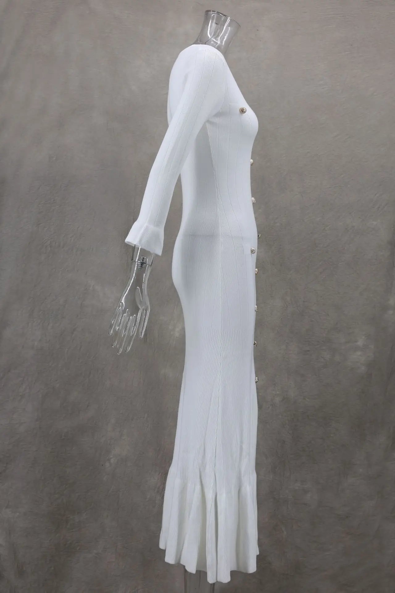 Tennessee Elegant Knitted Fashion V Neck Long Sleeves Slim Buttons Solid Color Long Dress