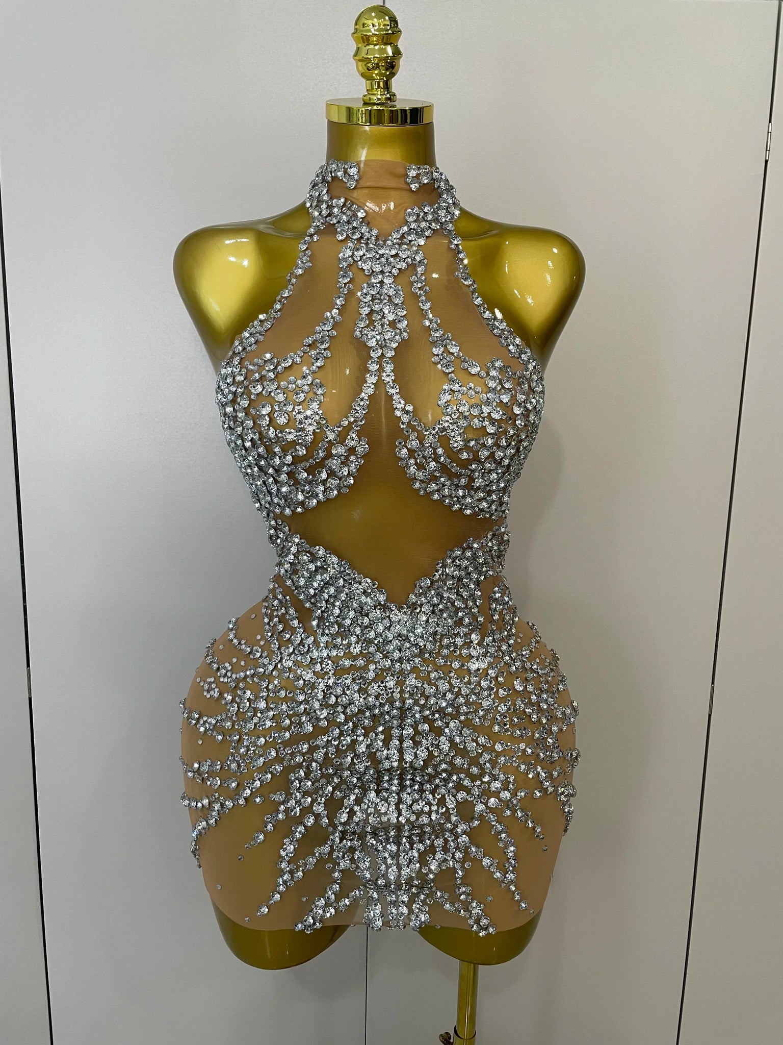 Elmira Rhinestones Sexy Mesh See Through Dress Party Evening Dress