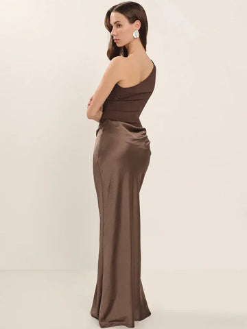 Roselle Satin Inclined Shoulder Sexy Fashion Patchwork Backless Bodycon Maxi Dress
