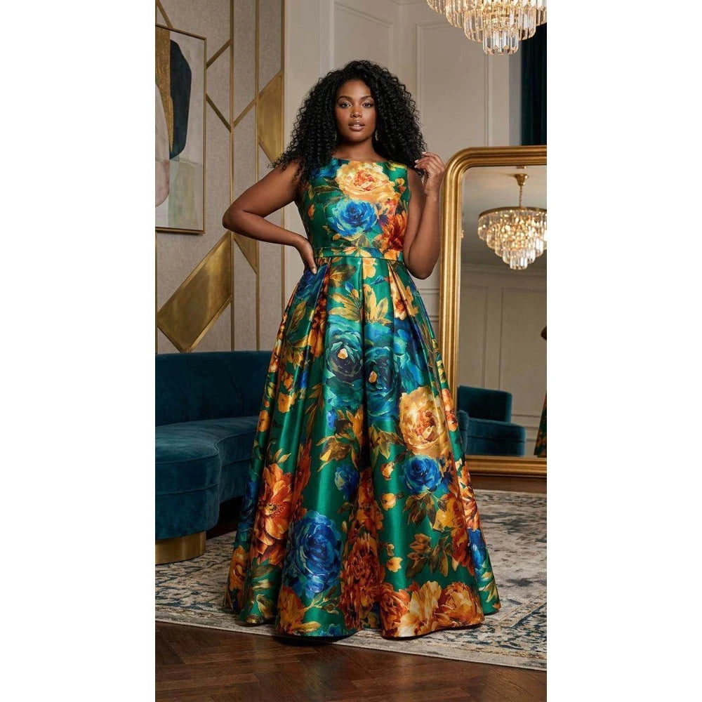 Pelicon Plus Size Floral Print Round Neck Sleeveless A Line Flared Formal Maxi Dress