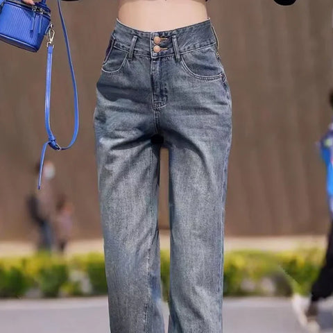 Womens Jeans High Waist Shot Blue Trousers with Pockets Pants for Women Straight Leg