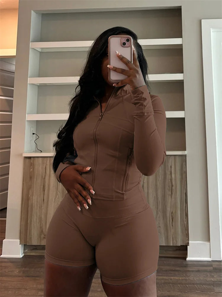 Olivia Fall Siold Bodycon Zipper Tracksuits Two Piece Sets