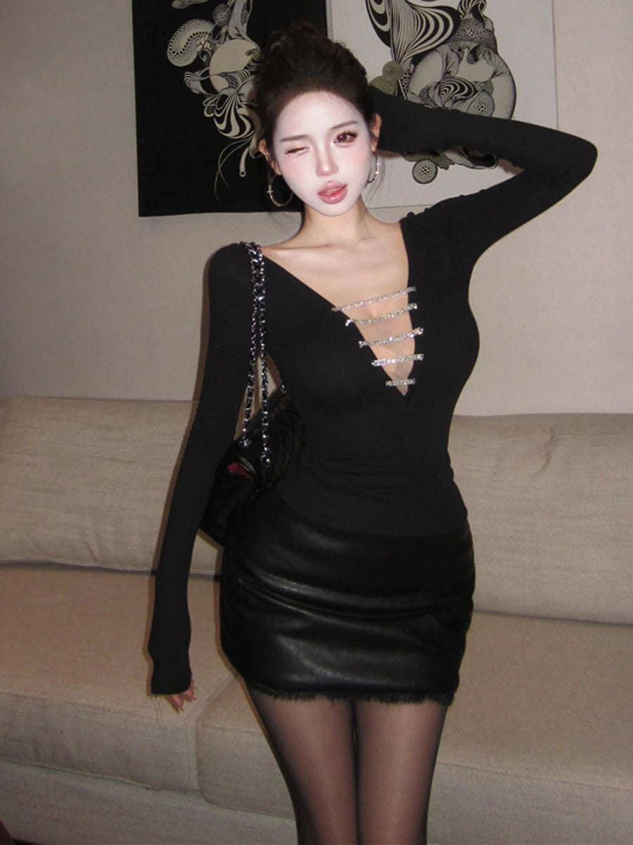 Lia Sexy Deep V Neck Long Sleeve Two Piece Sets