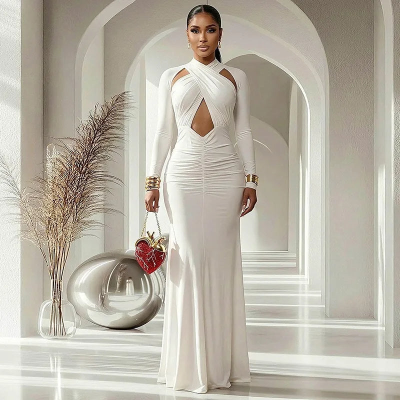 Bedford Turtleneck Hollow Out Chest Wrapped Long Sleeve Pleated Bodycon Long Dress