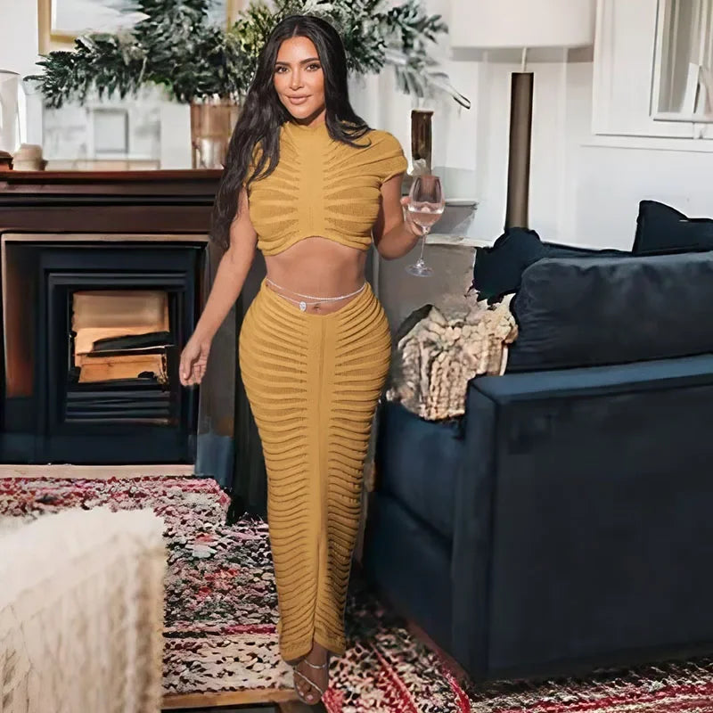 Yulisa Sexy Knitted Striped Outfit Two Piece Sets
