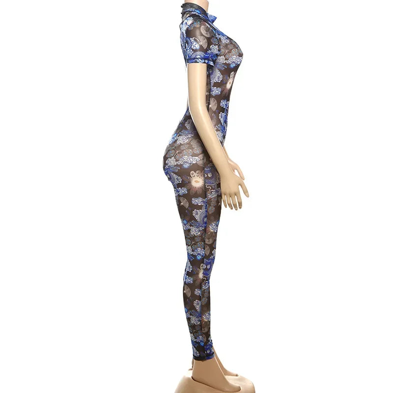 Auburn Hollow Out Playsuits Female Nightout Fashion Mesh Thin Sheer Jumpsuits