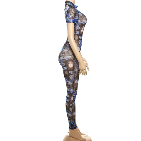 Auburn Hollow Out Playsuits Female Nightout Fashion Mesh Thin Sheer Jumpsuits