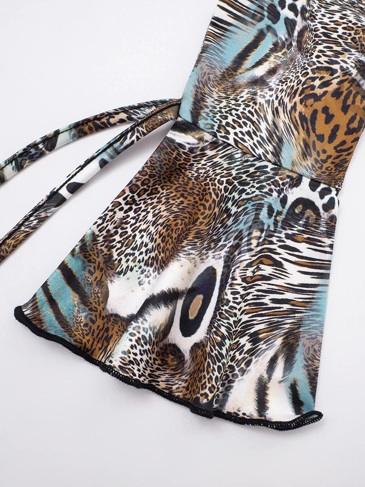 Chinatown Swing Collar Shirring Bell Sleeve Backless Sexy Stretch Leopard Print Suit