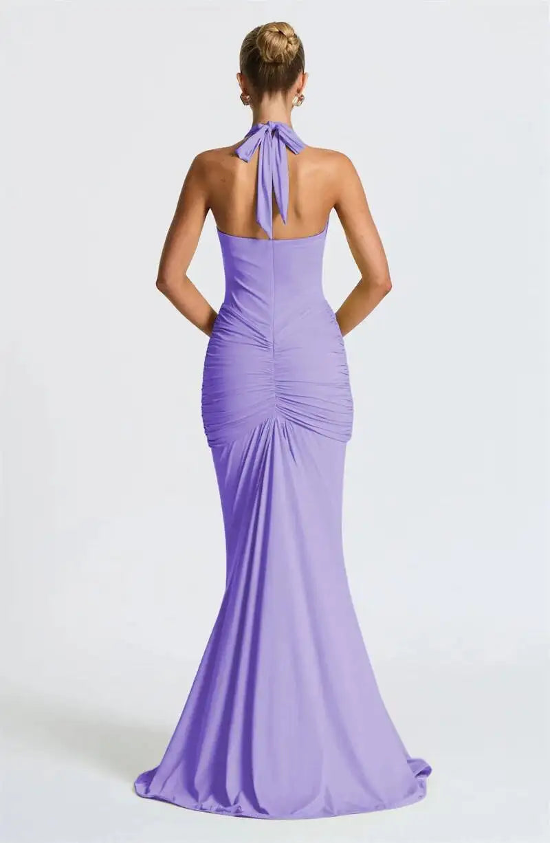 Deep V Neck Draped Ruched Sexy Halter Sleeveless Backless Club Party Long Dress
