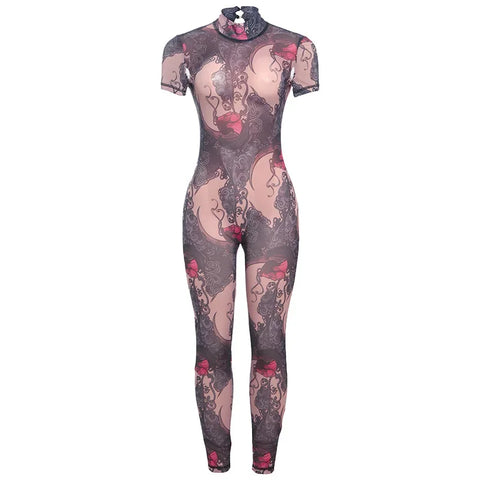 Auburn Hollow Out Playsuits Female Nightout Fashion Mesh Thin Sheer Jumpsuits