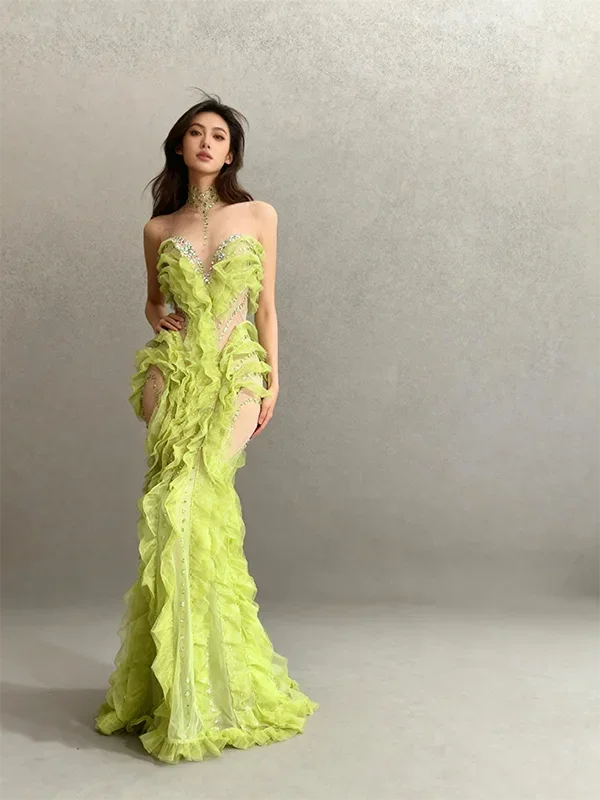 Middlesex Elegant Sparkly Green Rhinestones Mesh Sheer Ruffle Maxi Dress