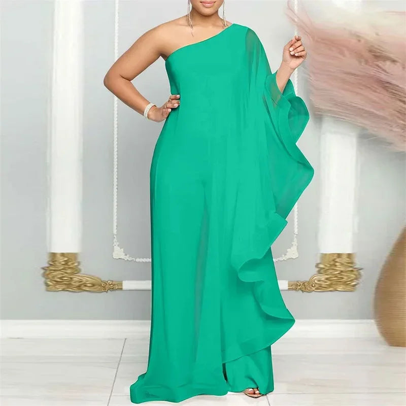Oldwick Elegant Chiffon One Shoulder Wide Leg Jumpsuit