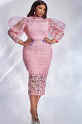 La Purga Plus Size Formal Pink Lace Puff Sleeve See-Through Midi Dress