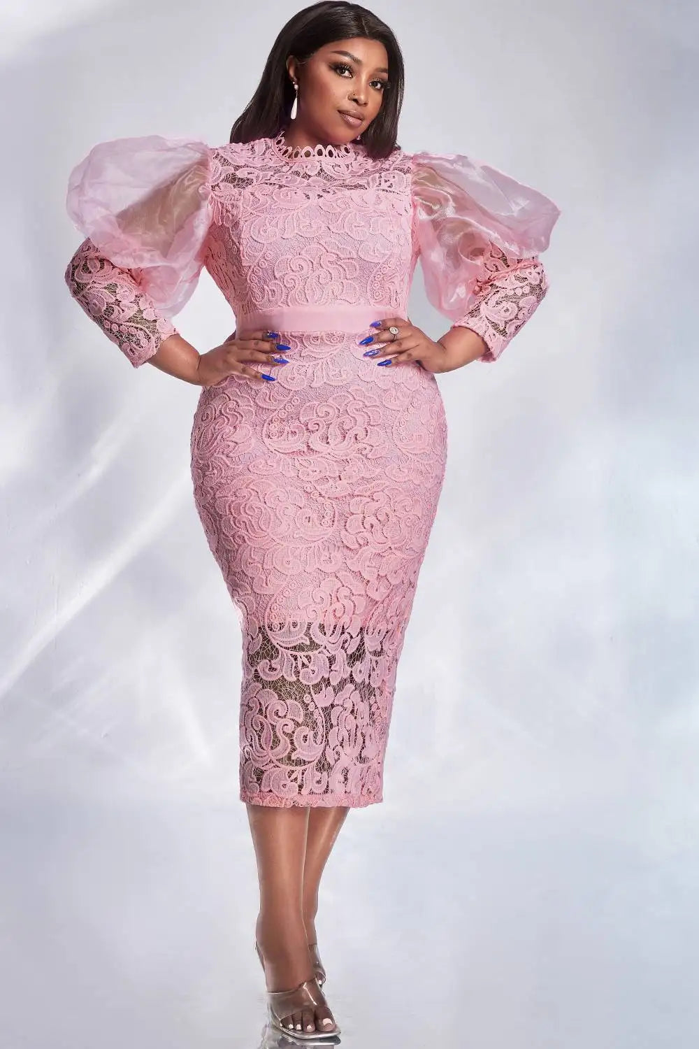 La Purga Plus Size Formal Pink Lace Puff Sleeve See-Through Midi Dress