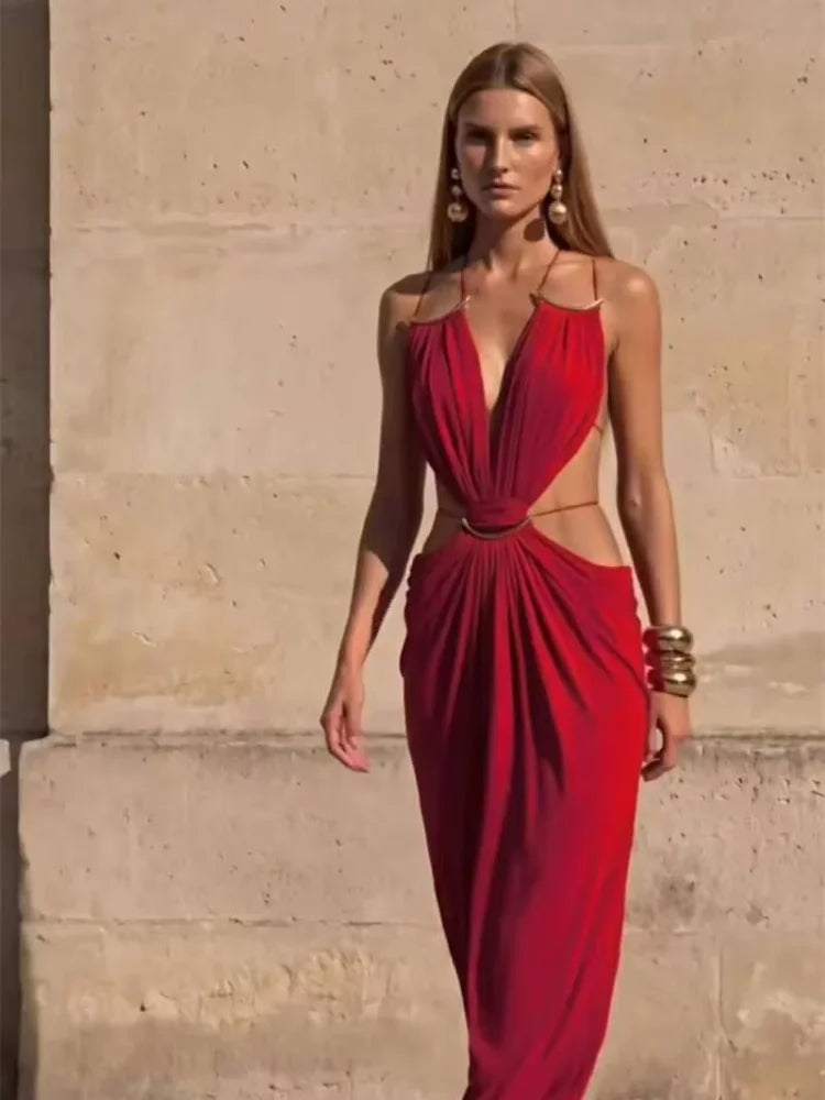 Solid Color Spaghetti Strap Sleeveless Sexy Deep V Cutout Waist Ruched Maxi Gown Dress