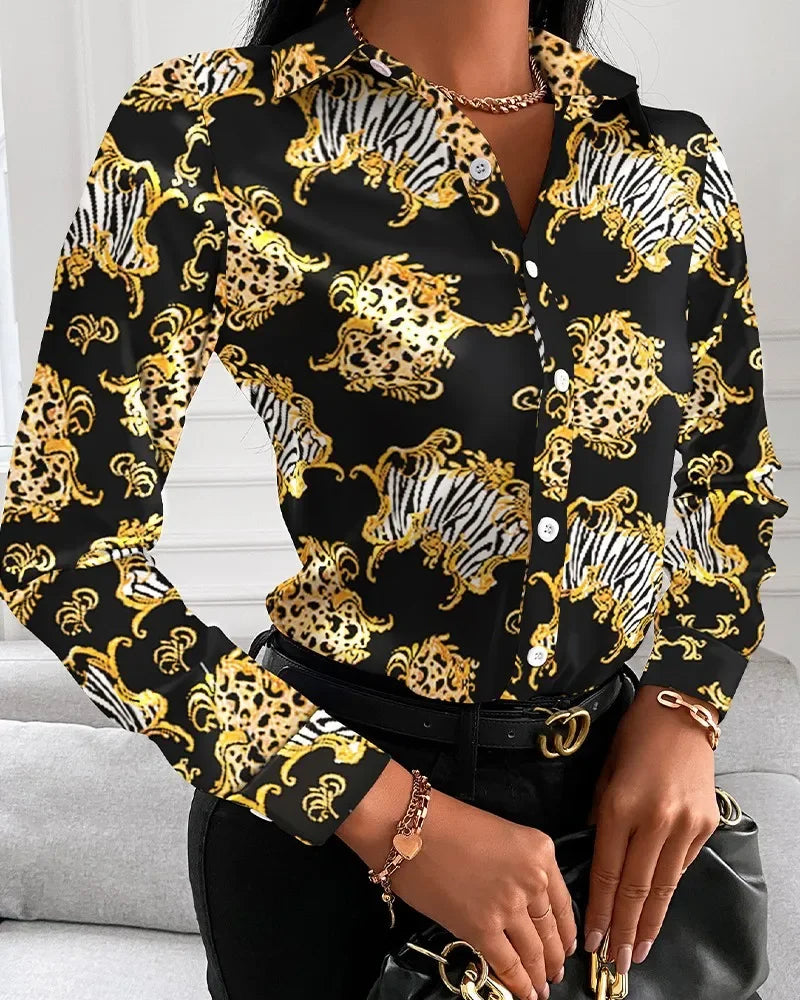 Tamaqua Wild Geometric Square Print Turn-Down Collar Long Sleeve Blouses