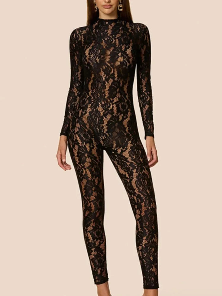 New Lots Sexy Lace Transparent Tight Long Sleeved Zipper Jumpsuit