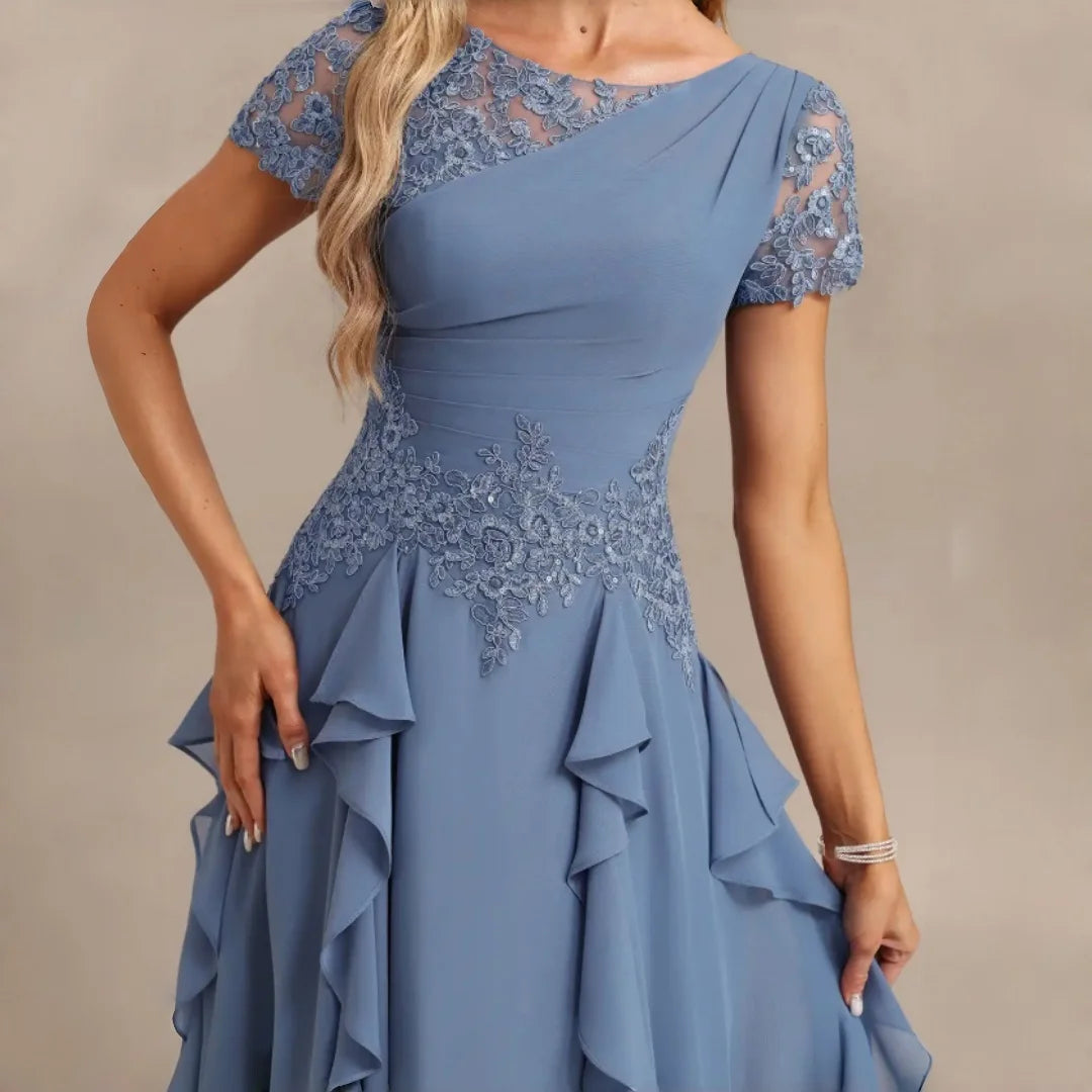 Dumbo Asymmetrical Neck Chiffon Bridesmaid Lace Sleeve Ruched Waist Cascading Dress