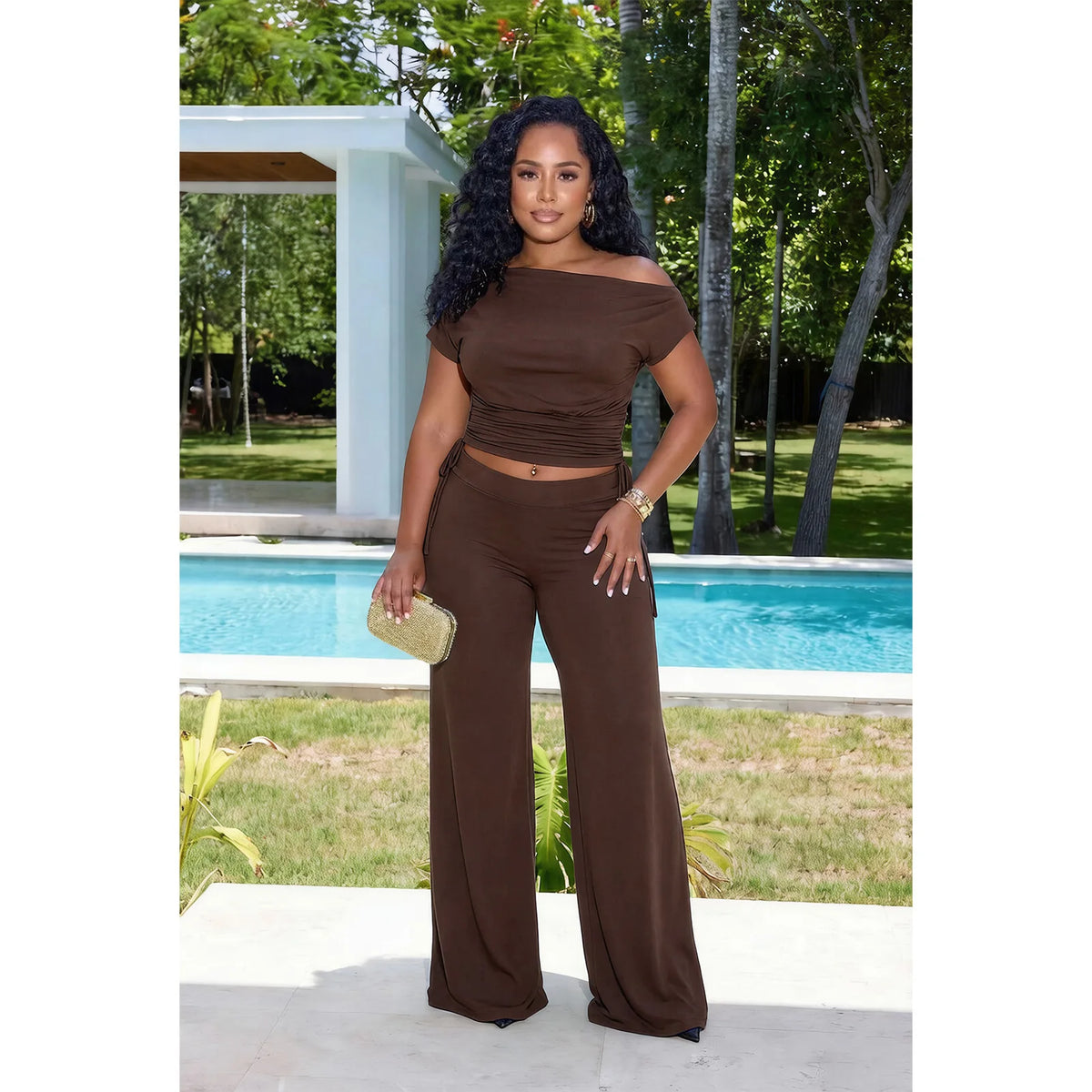 Naomi Pleated Asymmetric Neckline TWo Piece Sets