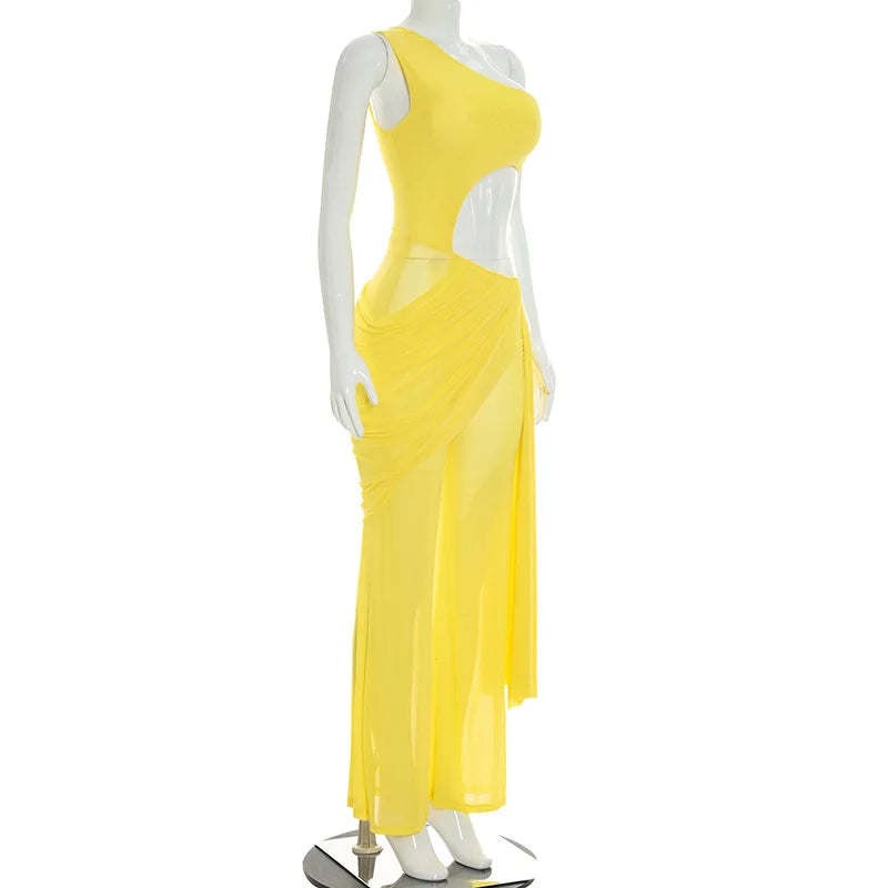 Alabama Mesh See Through One Shoulder Cutout Waist Jumpsuit Draped Overlay