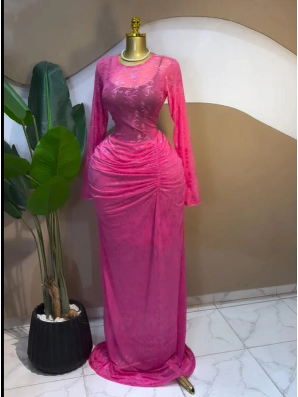 Peru Long Sleeve Stacked Mesh See Though with Lining Bodycon Long Dress