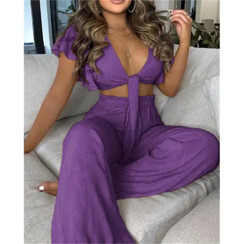 Hilda Belted Low Long Thouser Casual Two Piece Sets