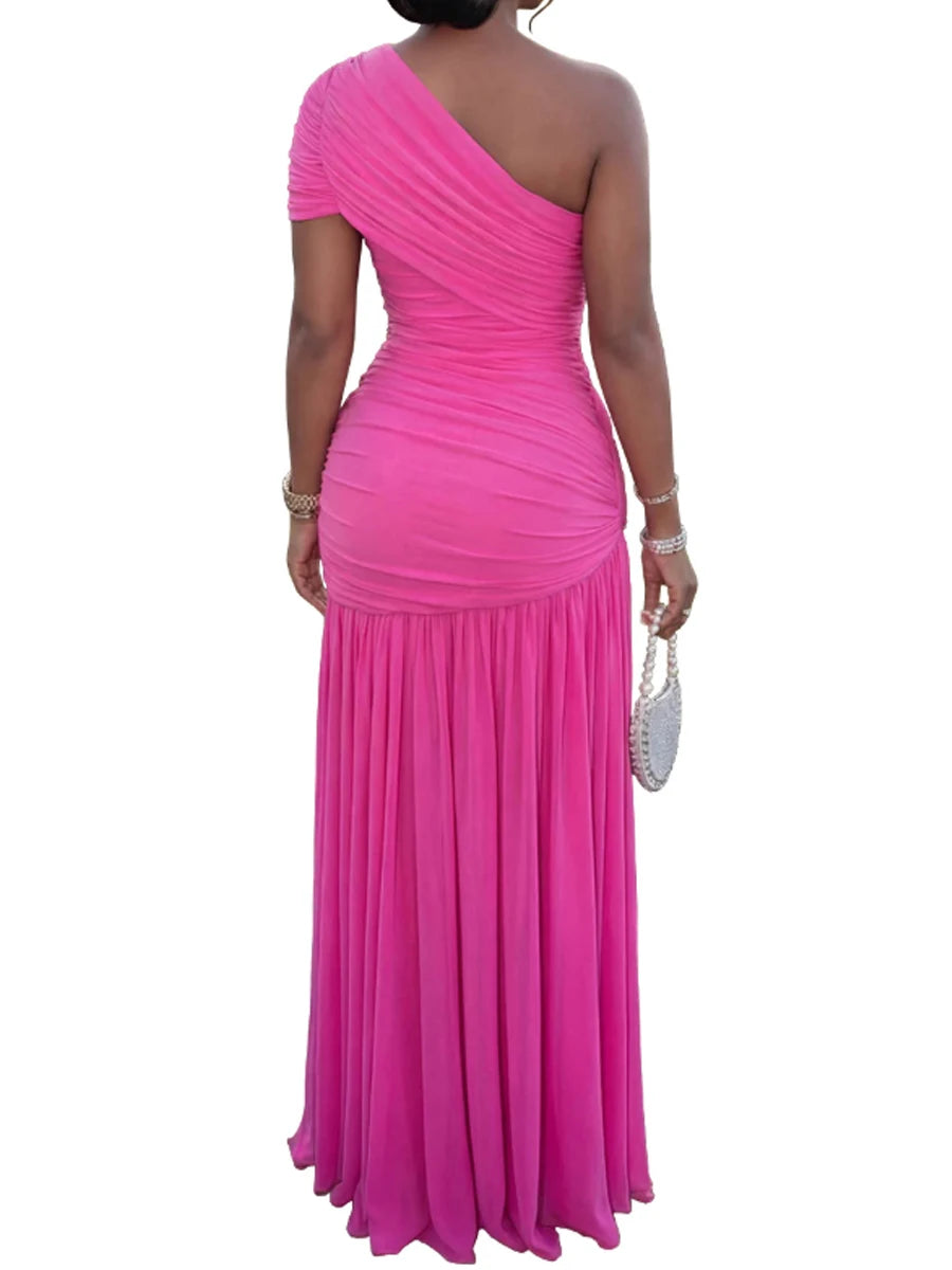 Mount Olive Sexy Formal One Shoulder Long Split Hem Solid Party Maxi Dress
