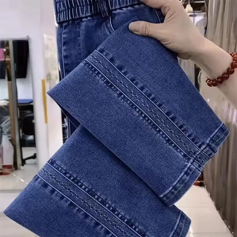 Fashion Women Jeans 2025 New Spring Autumn Korean Wild Elastic Waist Straight Denim