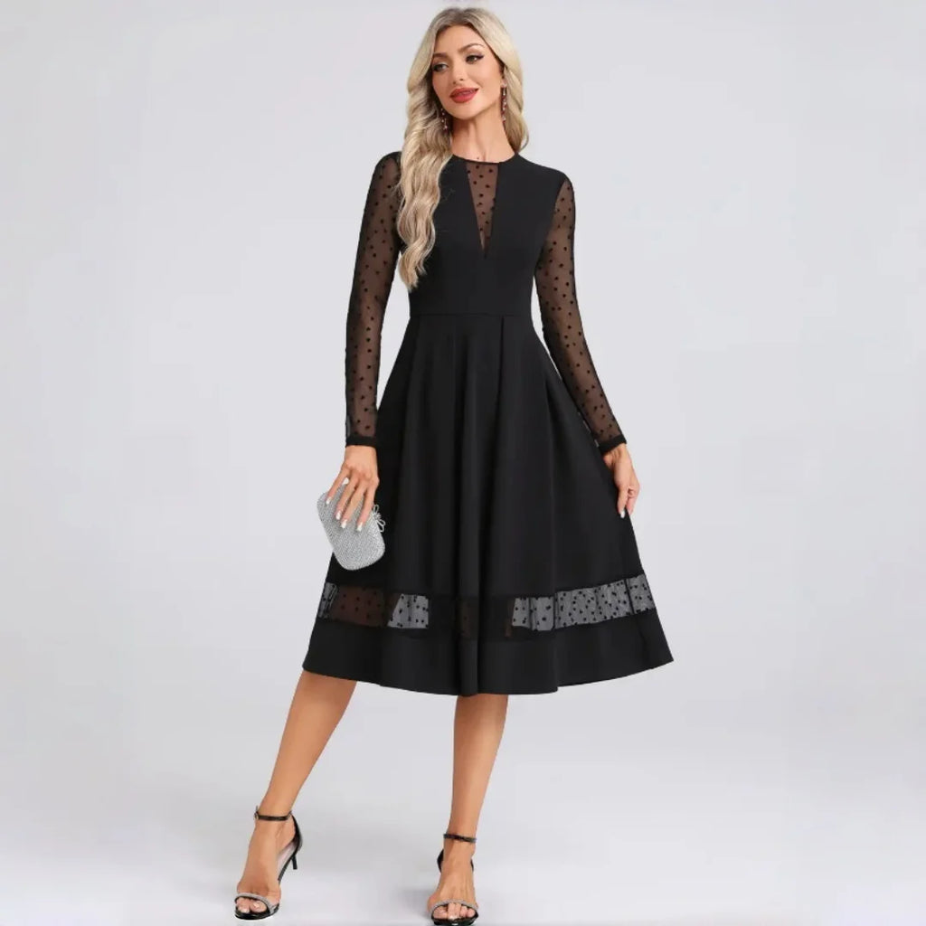 Benice Black Midi Cocktail Polka Dot Mesh Long Sleeve Illusion A‑Line Swing Dress