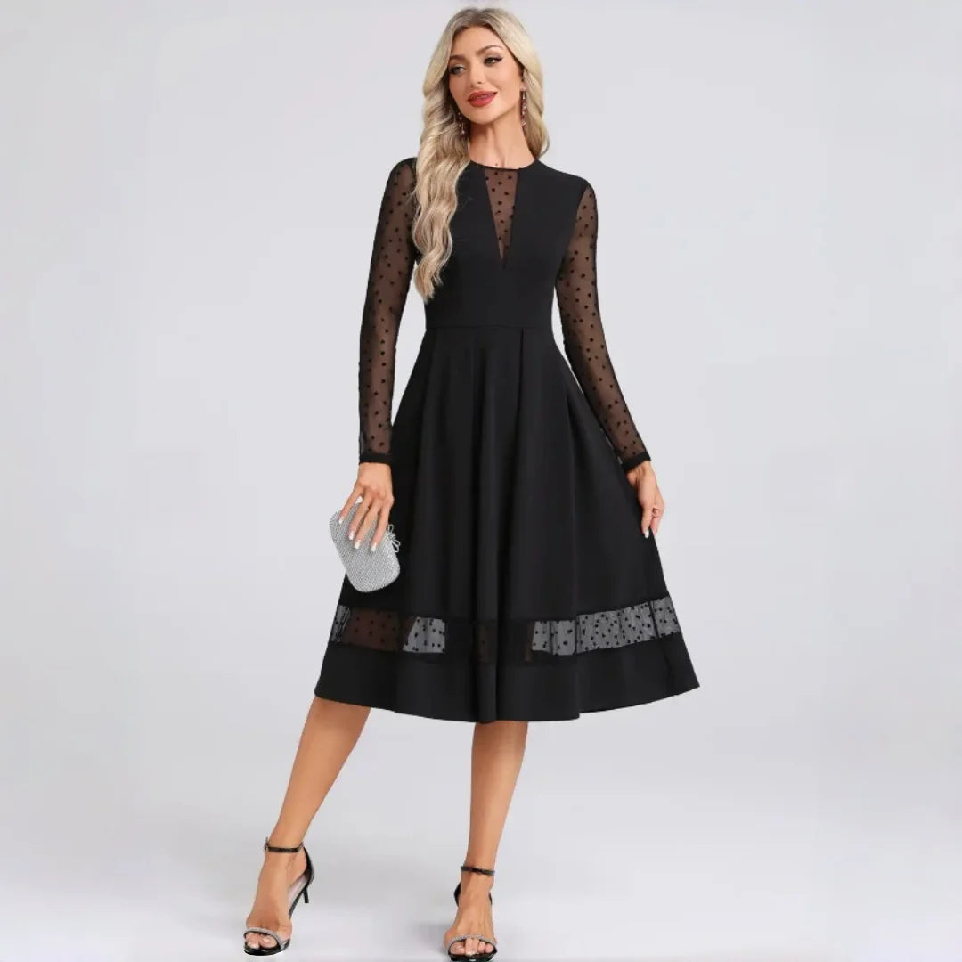 Benice Black Midi Cocktail Polka Dot Mesh Long Sleeve Illusion A‑Line Swing Dress