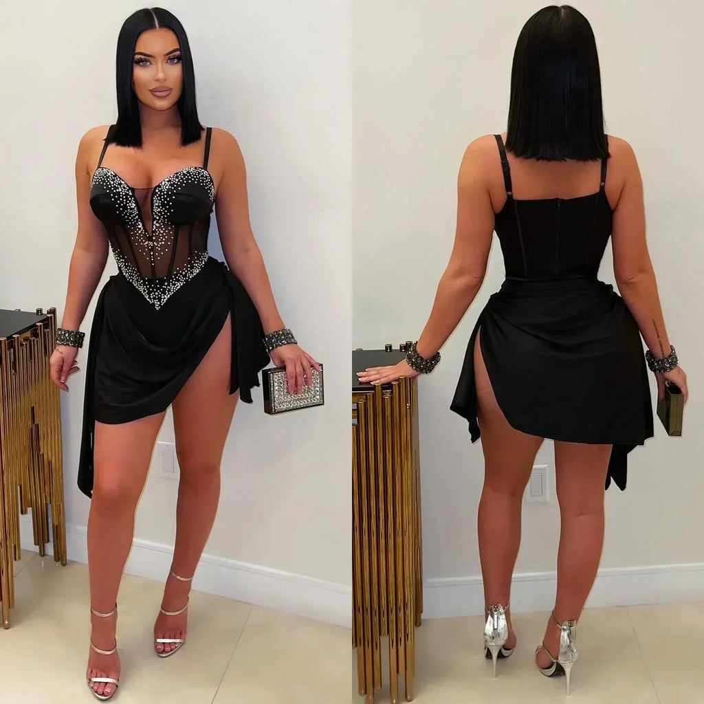 Mapleton Rhinestones Mesh Tunic Sleeveless Split Bodycon Midi Maxi
