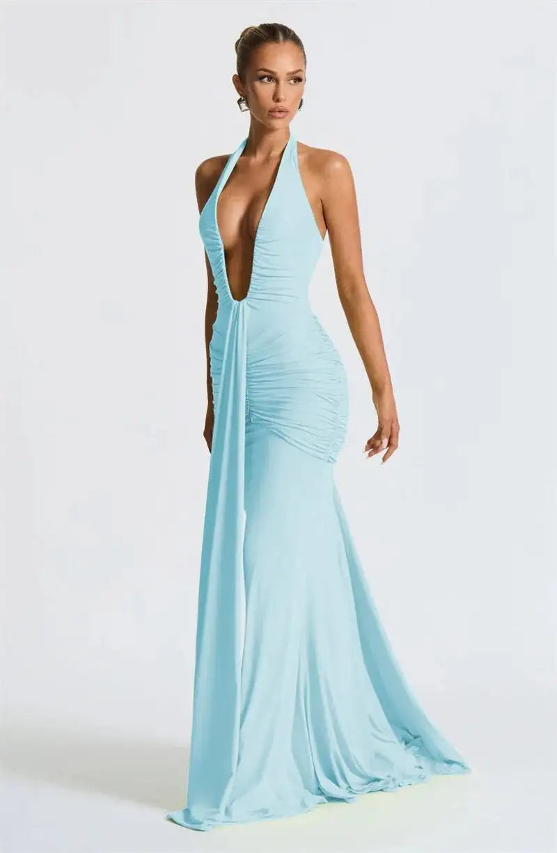 Deep V Neck Draped Ruched Sexy Halter Sleeveless Backless Club Party Long Dress