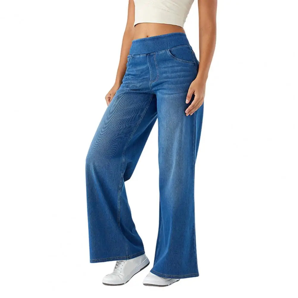 Women Jeans with Pockets Elastic Casual High Waist Wide-leg Jeans Solid Color Full