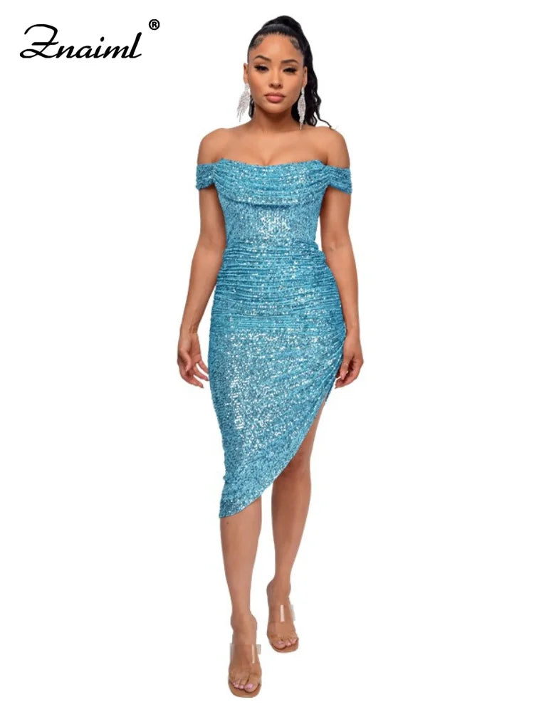 Virginia One Shoulder Bodycon Sparkly High Slit Midi Dresses
