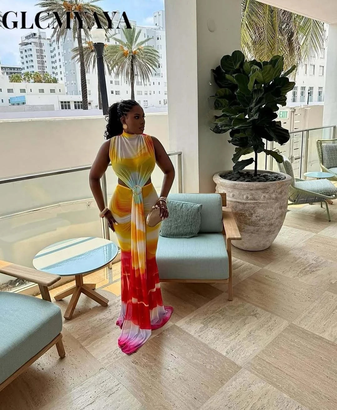O Neck High Split Stacked Print Bodycon Long Maxi Dress