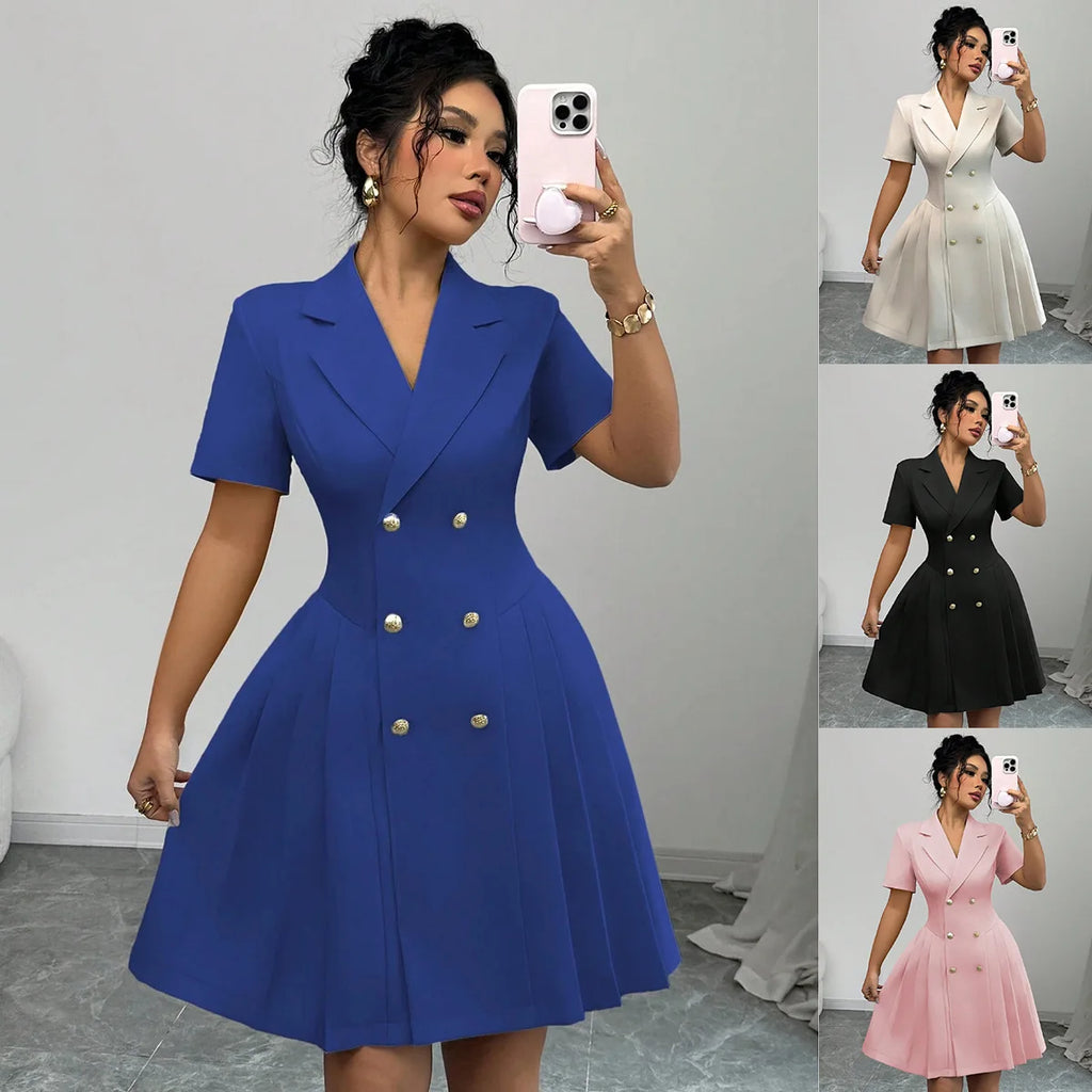 All Ways Solid Color Notched Lapel Double Breasted Short Sleeve Slim Midi Dress