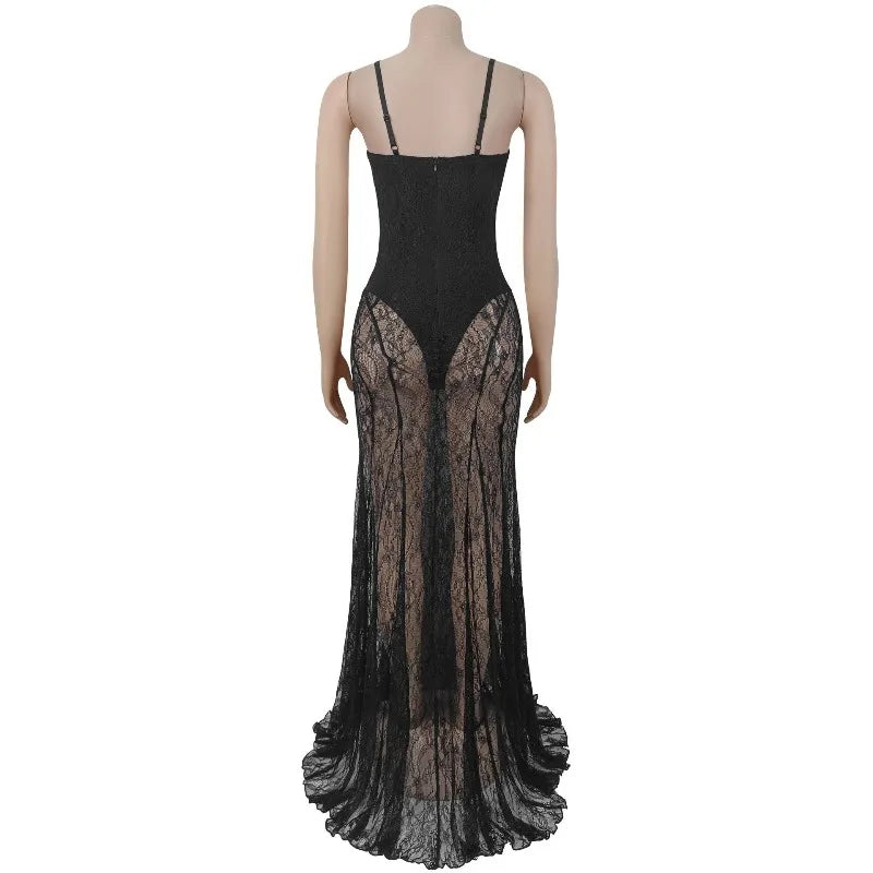 Harlem See Through Lace Mermaid Evening Dress Nightclub Spaghetti Strap