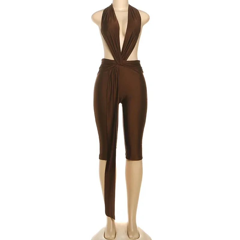 Cornie Lace-up One Piece Outfit Night Out Party Halter Backless Deep V-neck Jumpsuits