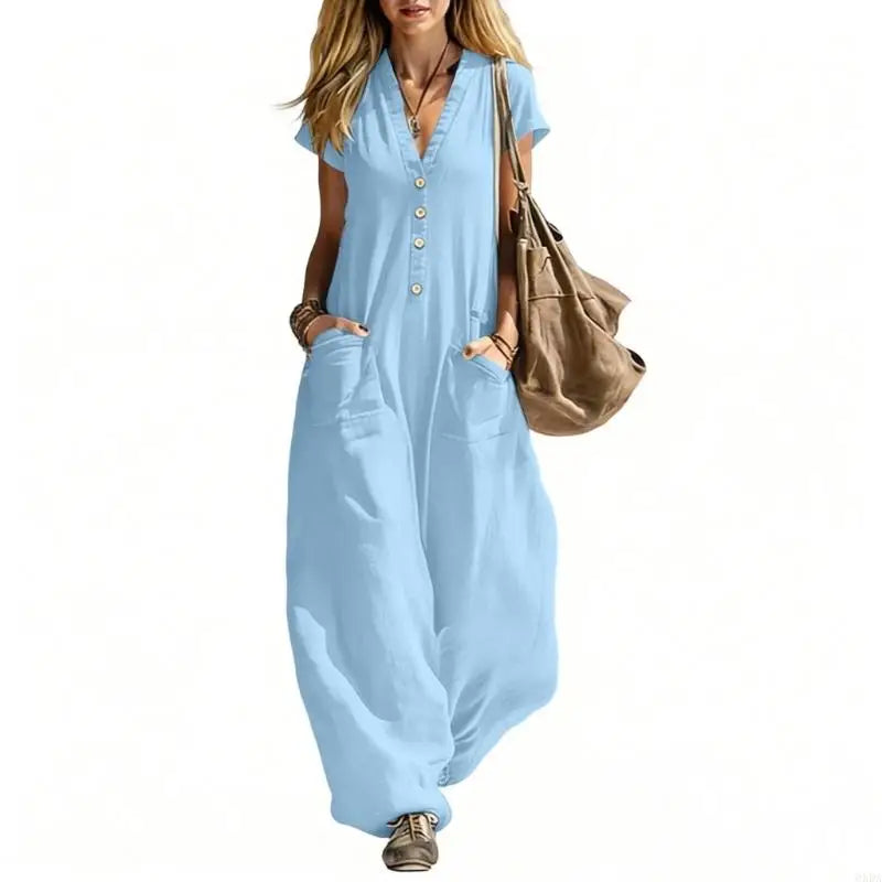 Jumpsuits for Women Linen Button Sleeve Jumpsuits Wide Leg V Neck Rompers Vacation Clothes with Pockets 6XDA