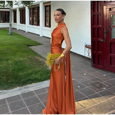 Meadville Elegant Ribbon Halter Solid Off Shoulder Sleeveless Backless Slim Maxi Dress