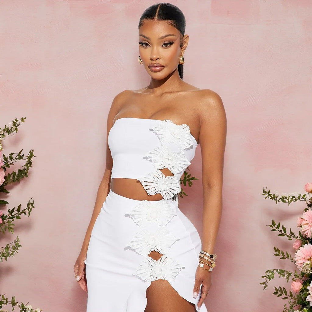 Manchester Strapless Crop and Ruffles Split Midi Maxi Long Two Piece Set