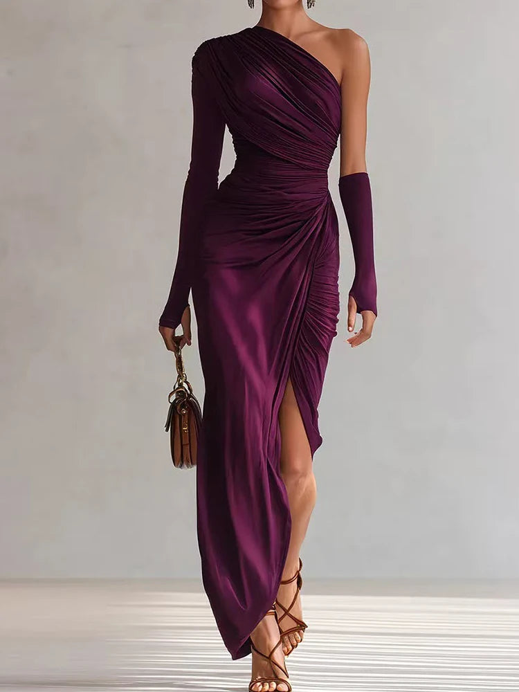 Far Hills Skew Collar Solid Fashion One Shoulder Party Elegant Patchwork Maxi Dress