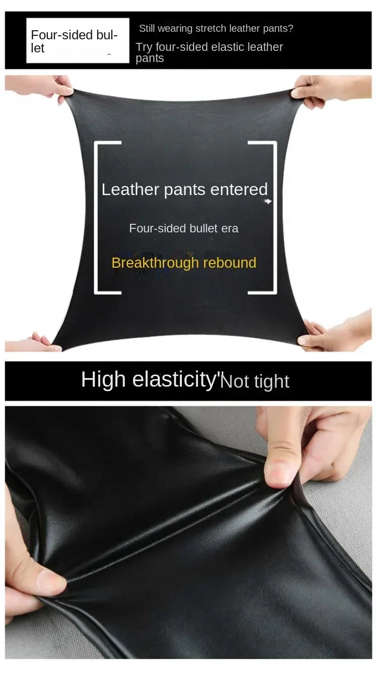 Green Pond PU Leather Leggings Pencil Pants with Thermal Lining Female High-Waisted Stretchy
