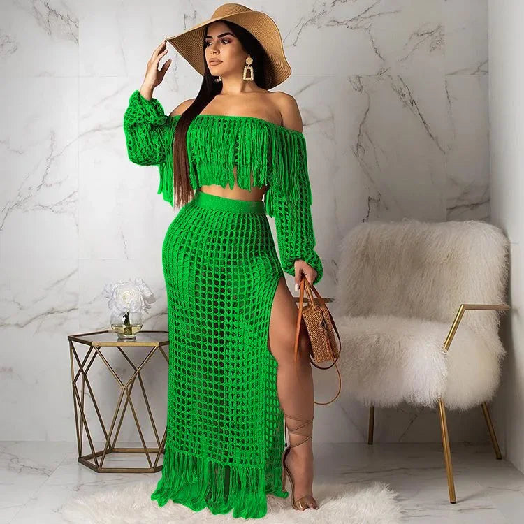 Off Shoulder Tassel Hollow Out Beach Set